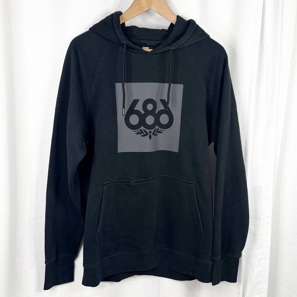 686 Men's Knockout Pullover Hoodie M Black Logo Fleece Snowboard Sweatshirt EUC
